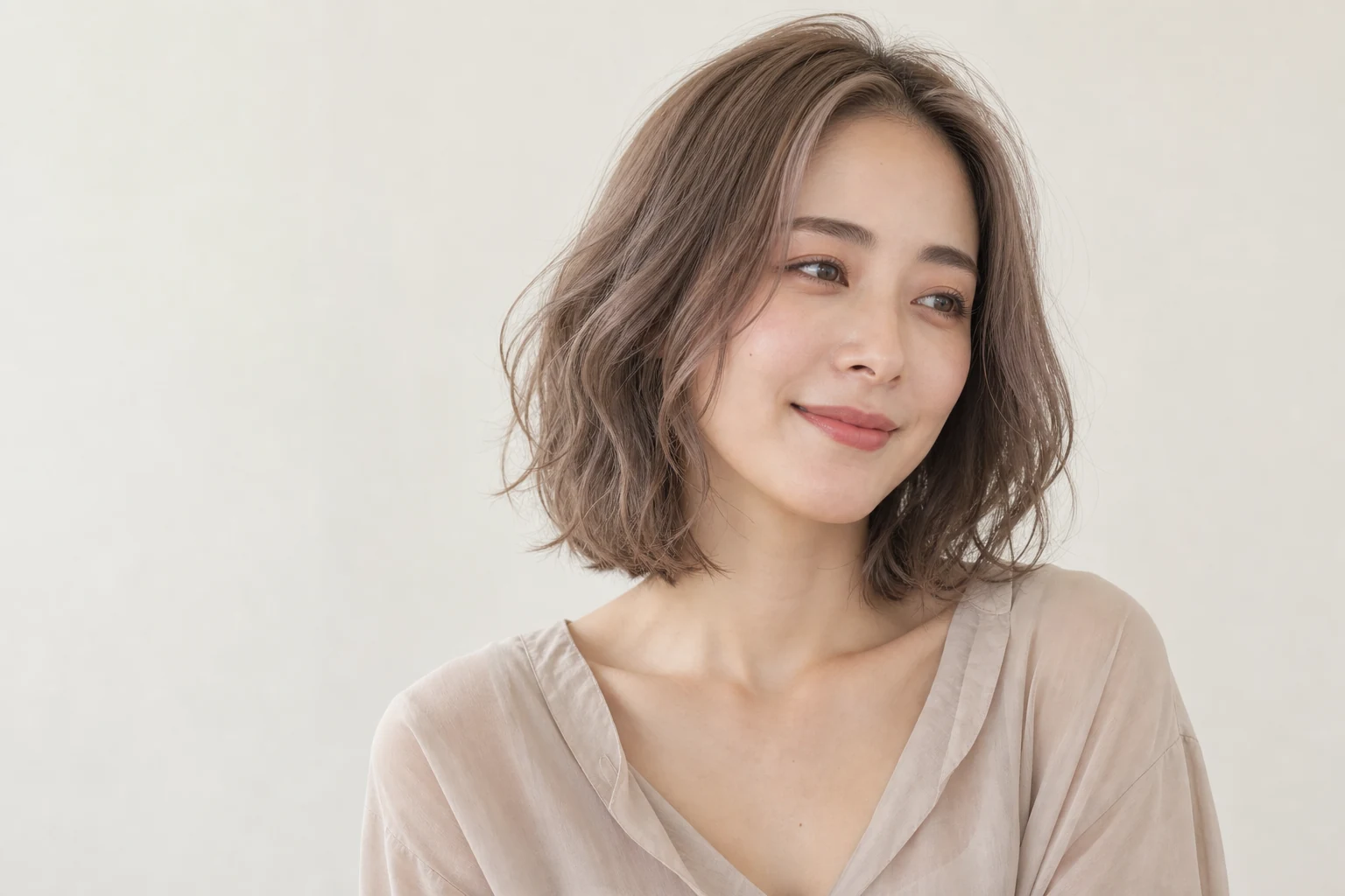 明るめのミルキーグレーベージュのウェーブボブをまとった成人女性
