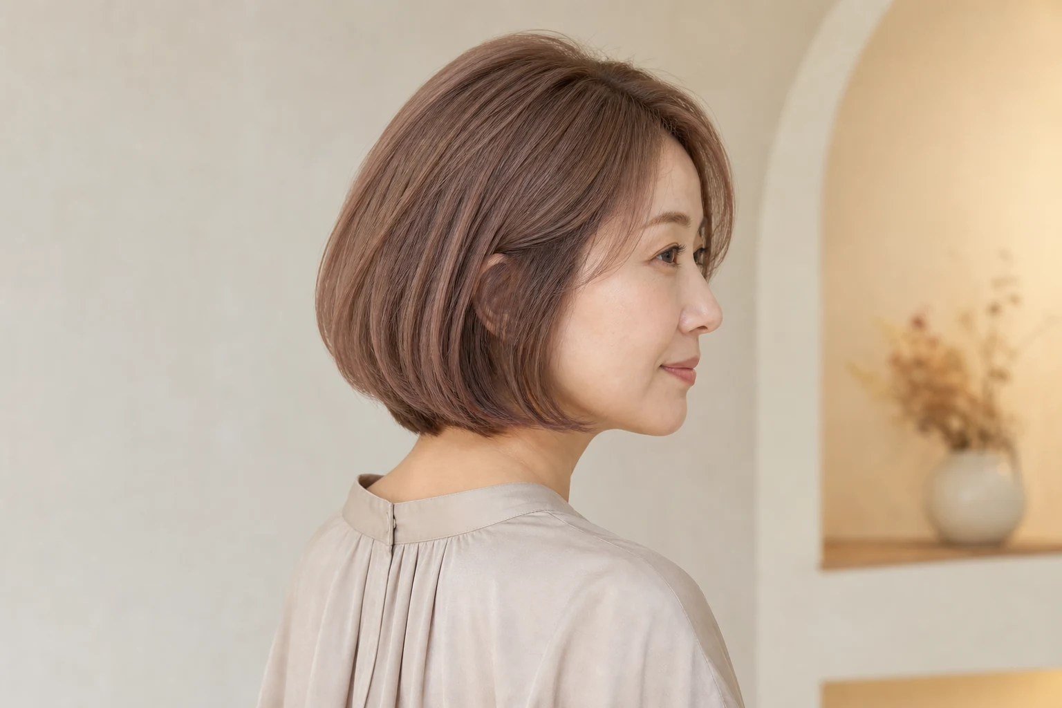くすみを抑えた淡いピンクベージュのボブヘアをまとった成人女性