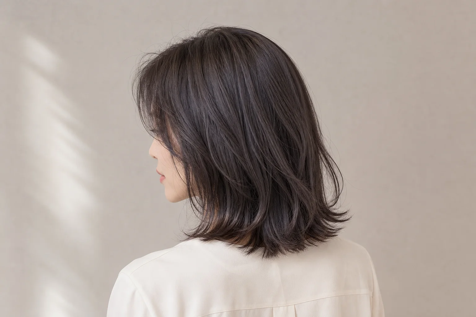光でわずかにラベンダーが見える暗いグレージュの肩丈ロブ