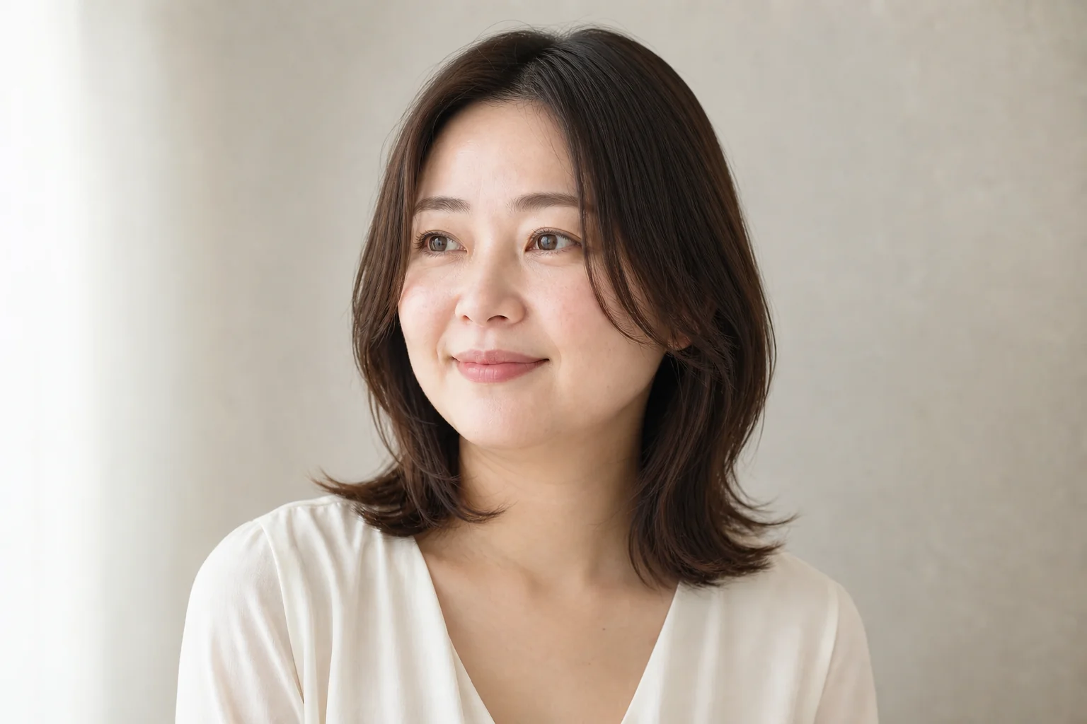 鎖骨近くのレイヤーロブにセンターパートを合わせた成人女性