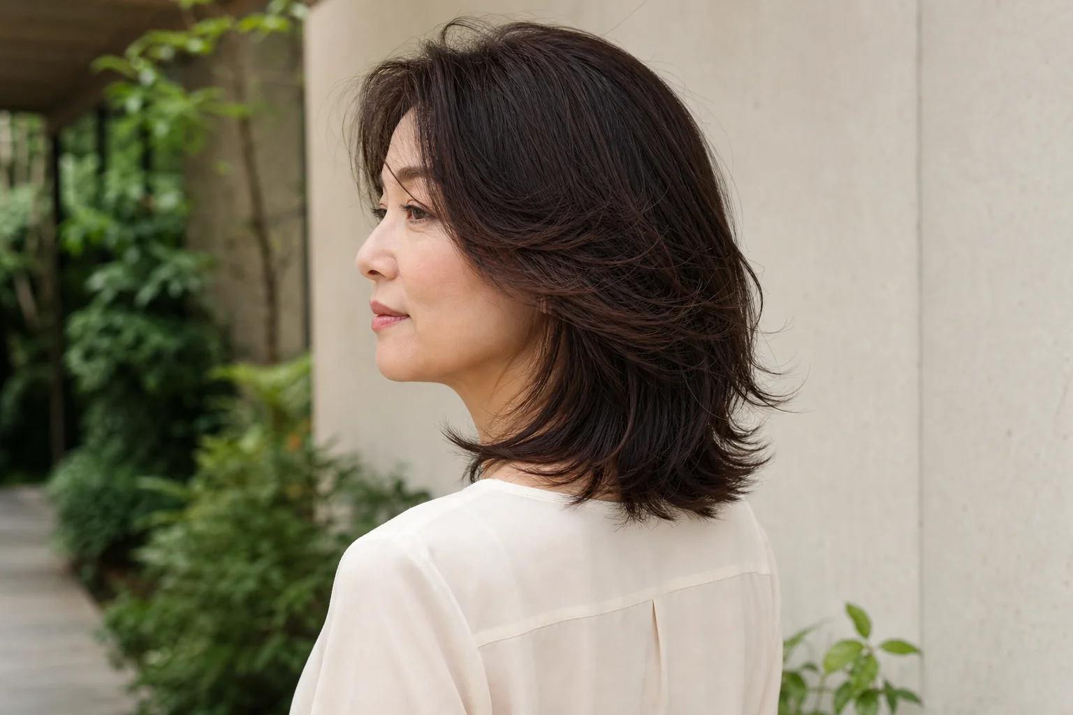 顔まわりが外向きに流れ毛先が内外へ動くレイヤーミディアムの成人女性