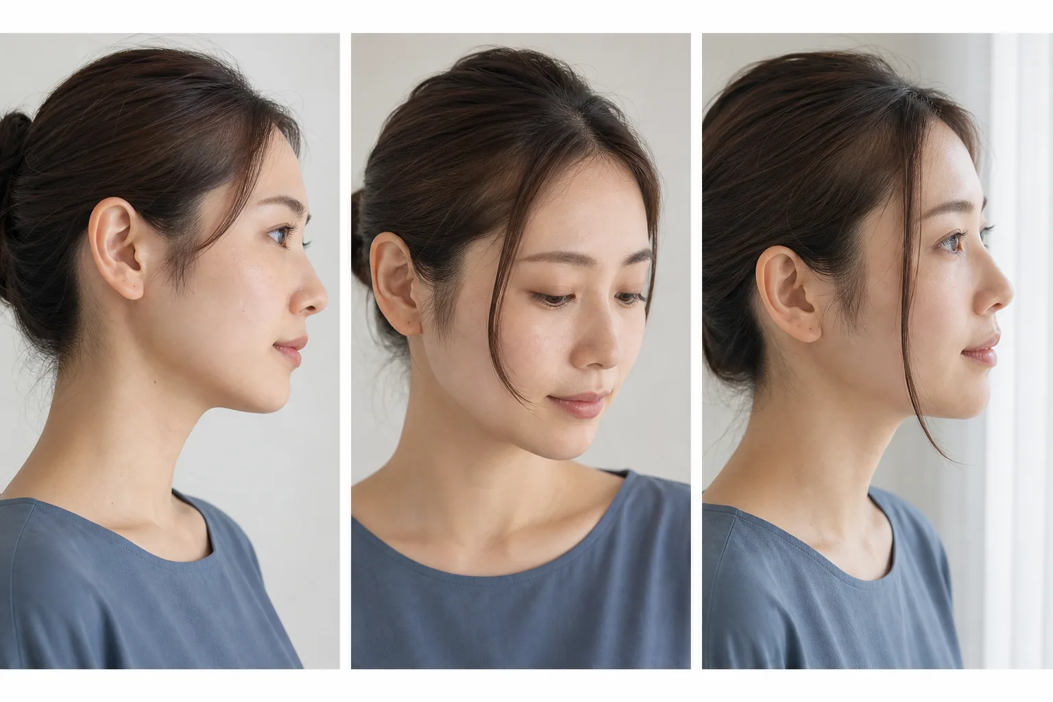同じ成人女性を別角度から写し短め・中間・長めの顔まわり毛束を並べた比較
