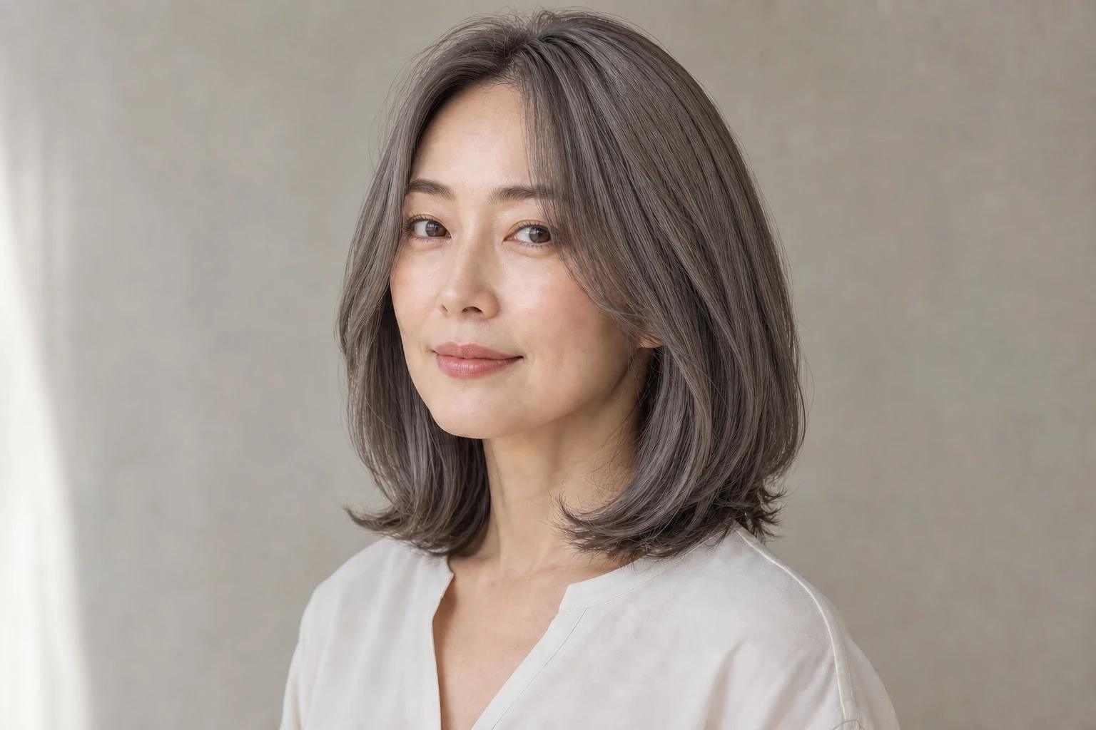 淡いグレーベージュを基調に表面へ低彩度の青みを重ねた明るいブルーグレージュの成人女性
