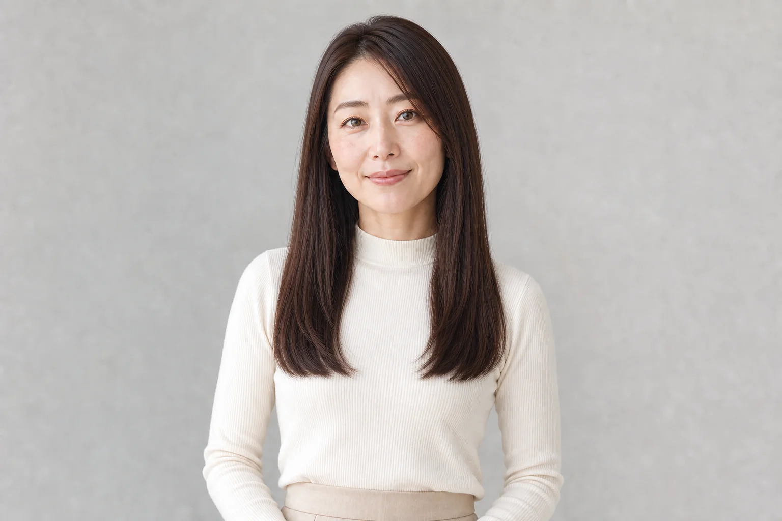 毛先が胸にかかるストレートロングヘアの成人女性
