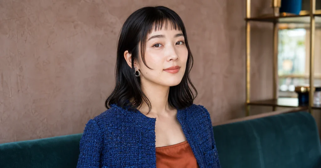 眉上の薄い前髪と長いサイドバングが見える面長の成人女性