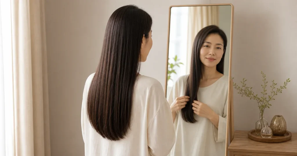ロングヘアの毛先を固定鏡で確認する成人女性