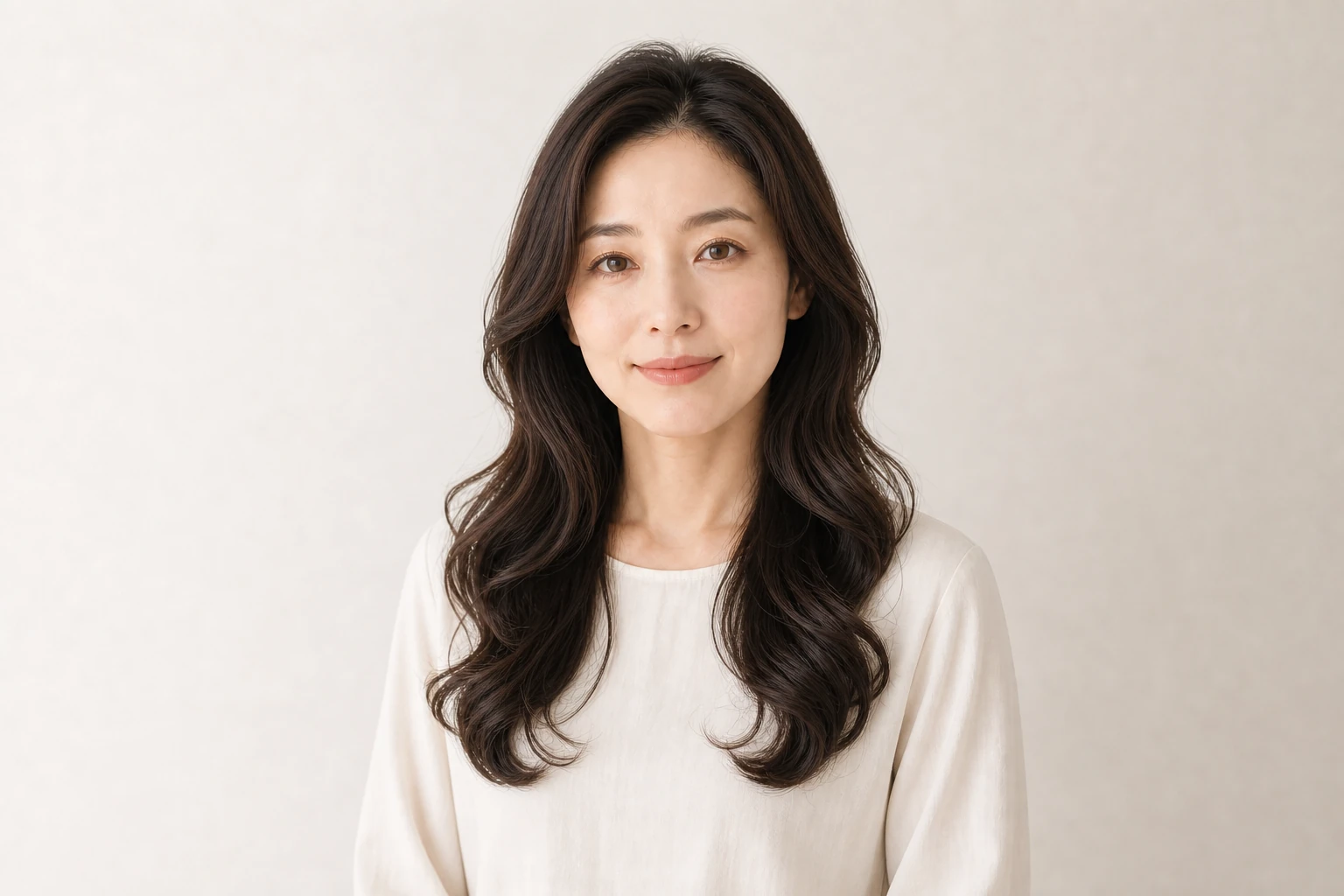 暗いブラウンの胸元ロングに頬下から大きなカールを重ねた成人女性