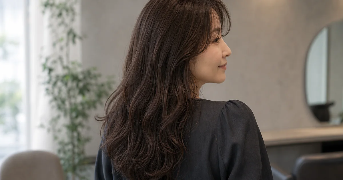 深いニュートラルブラウンのロングヘアを自然光で見せる成人女性