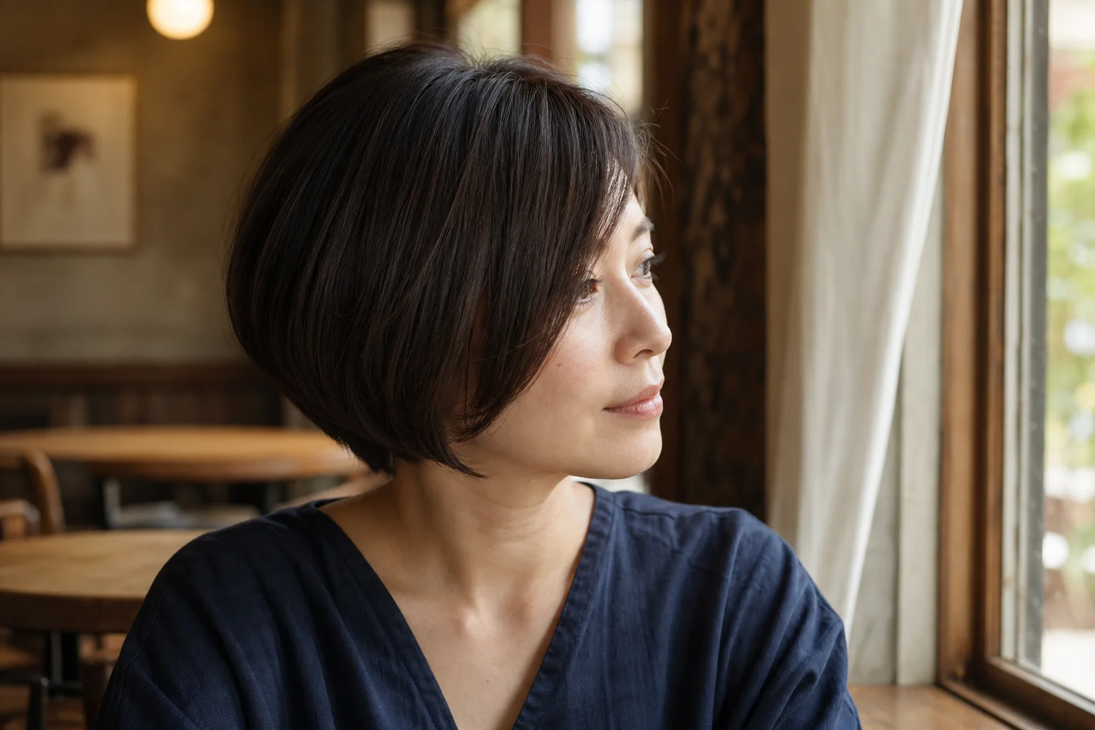 深いサイドパートから目の下へ長い前髪を流し頬横を包むショートボブ