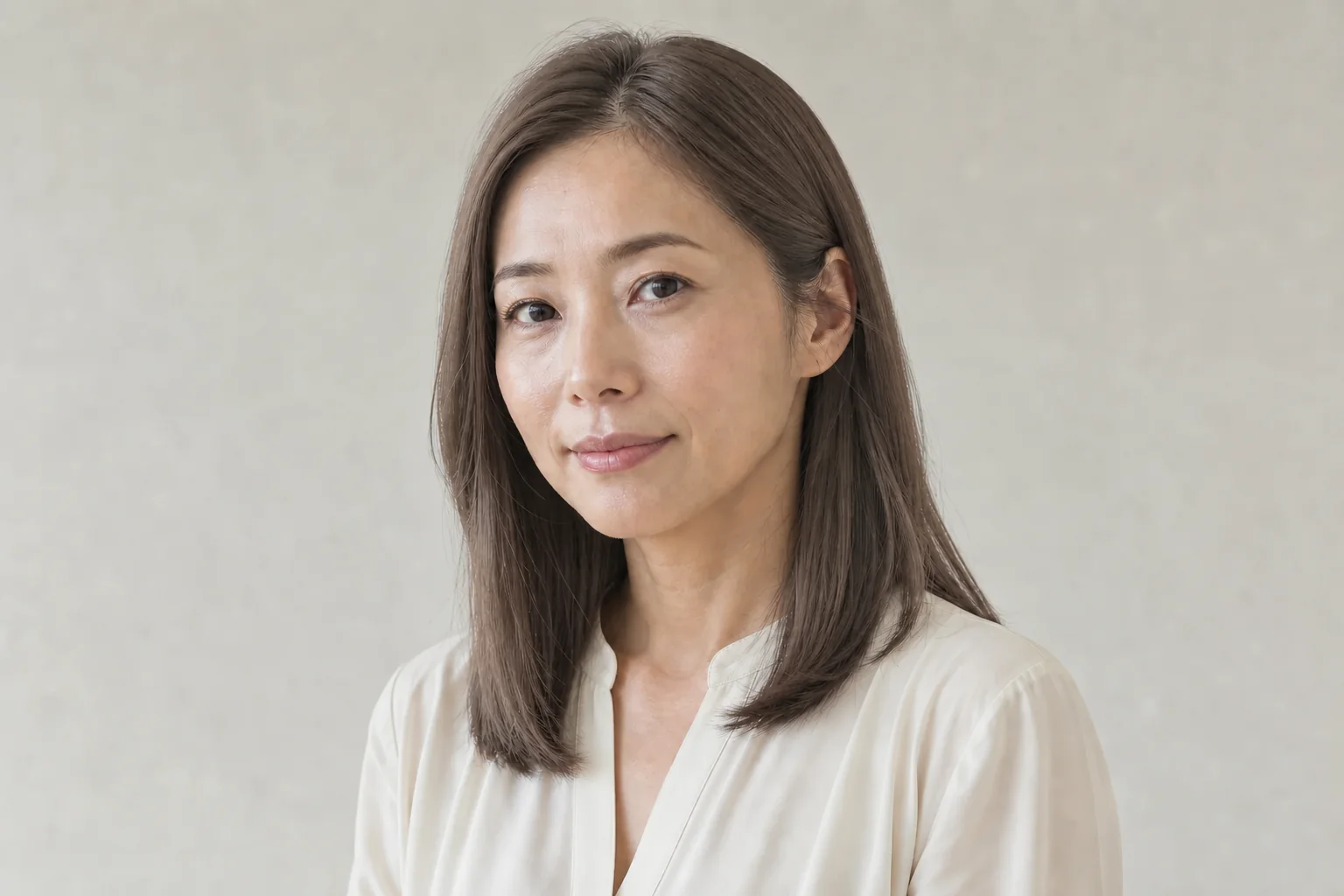 自然な中〜深めの肌色の成人女性と中明度のクールグレージュの肩下ロブ