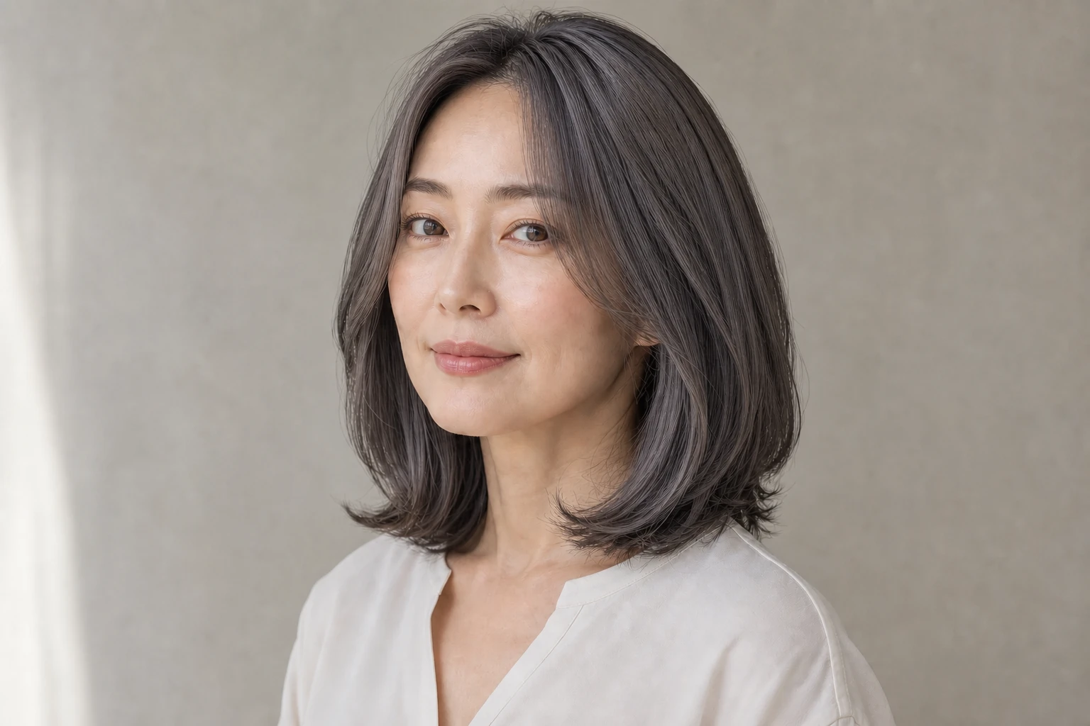 灰色とベージュを基調に淡い青みが透ける中明度ブルーグレージュの成人女性