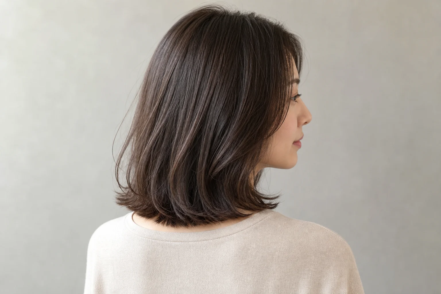 赤みにも黄みにも寄りすぎない深いモカブラウンの鎖骨丈のロブ