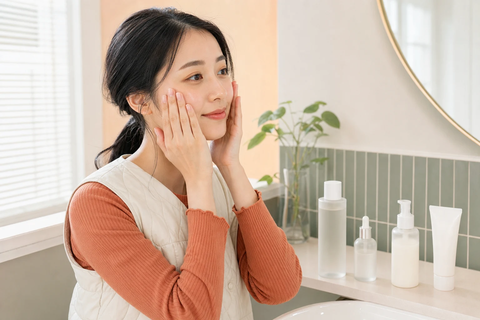 明るい洗面台で化粧水を両頬へやさしくなじませる成人女性