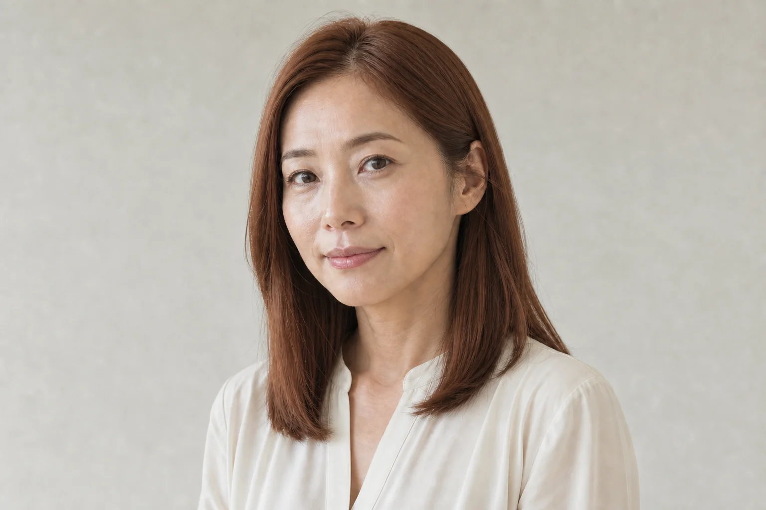 自然な中〜深めの肌色の成人女性と落ち着いたテラコッタブラウンの肩下ロブ
