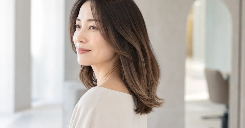 深いブラウンから毛先のキャラメルベージュへ穏やかに移る成人女性のセミロングヘア