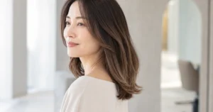 深いブラウンから毛先のキャラメルベージュへ穏やかに移る成人女性のセミロングヘア