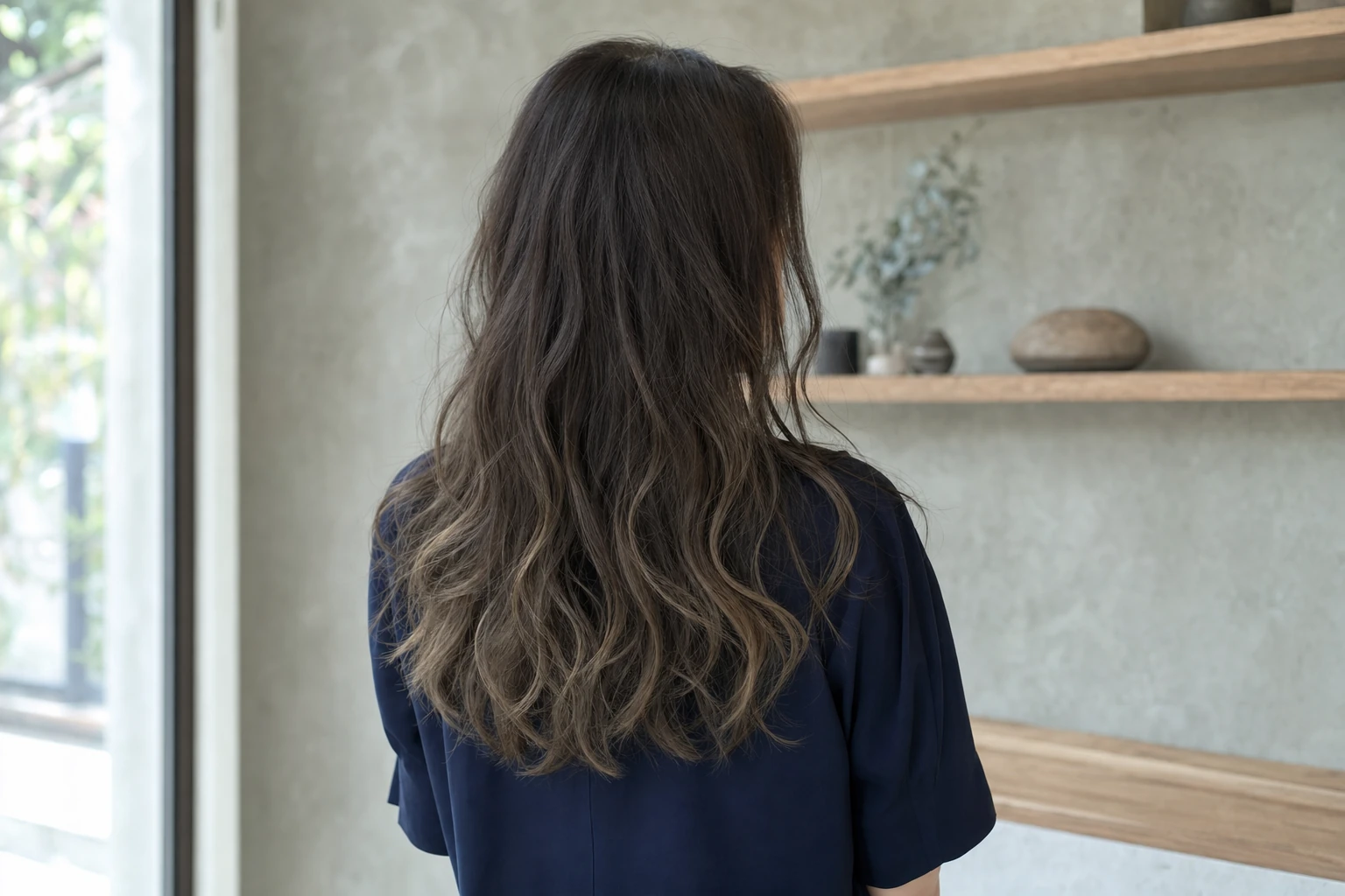 灰緑のサロンでダークオリーブブラウンから毛先の低彩度オリーブベージュへ移るロングヘアの成人女性