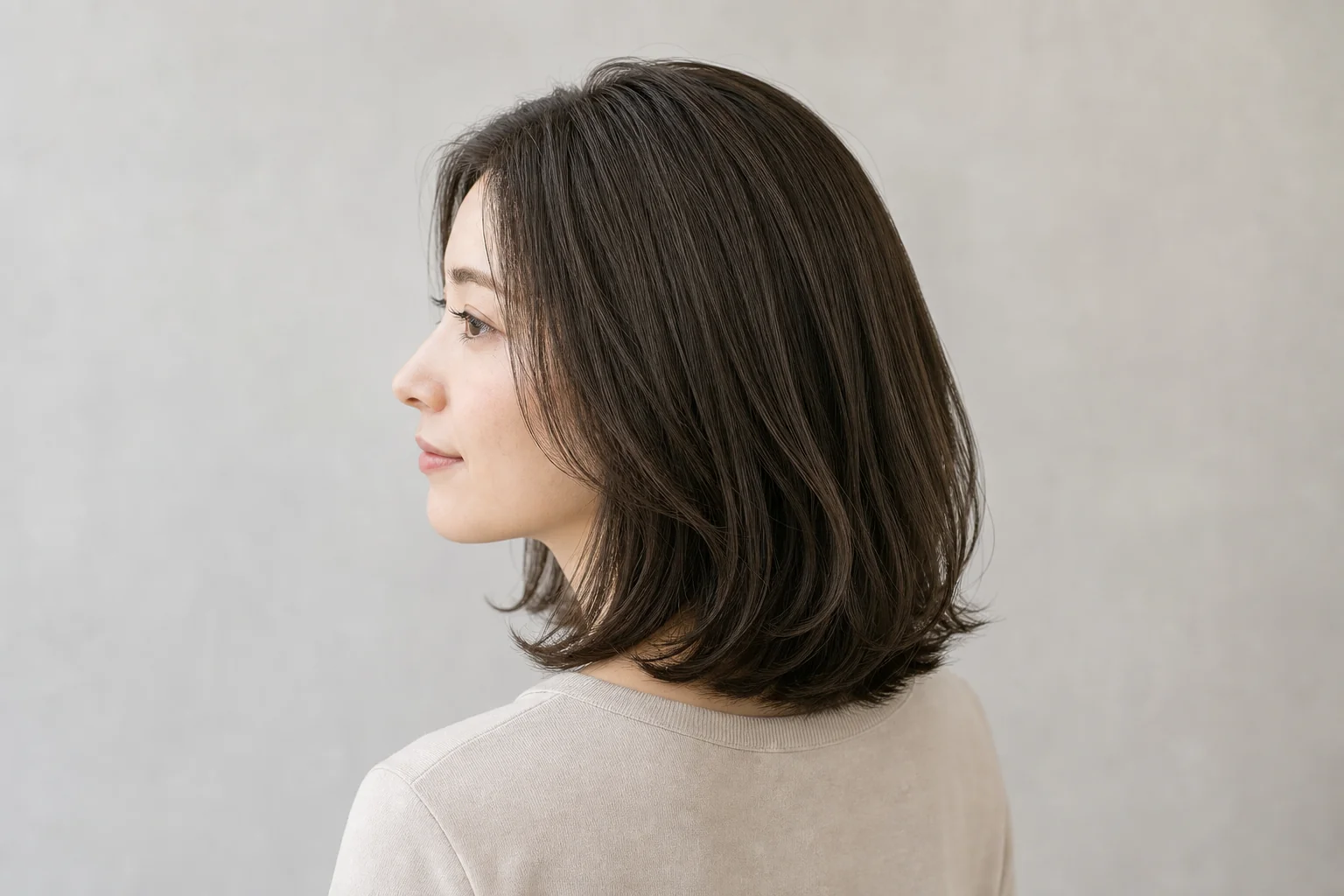 暗いブラウンに控えめなオリーブを含む鎖骨丈のロブ