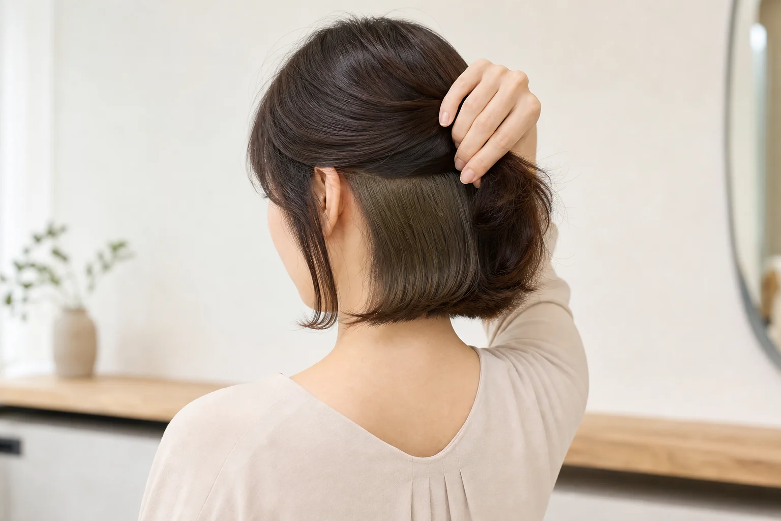 表面の髪を持ち上げると襟足にオリーブブラウンが見える成人女性