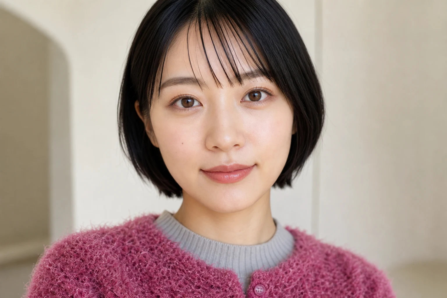 目の下へ薄いピーチ系カラーを狭くなじませた成人女性