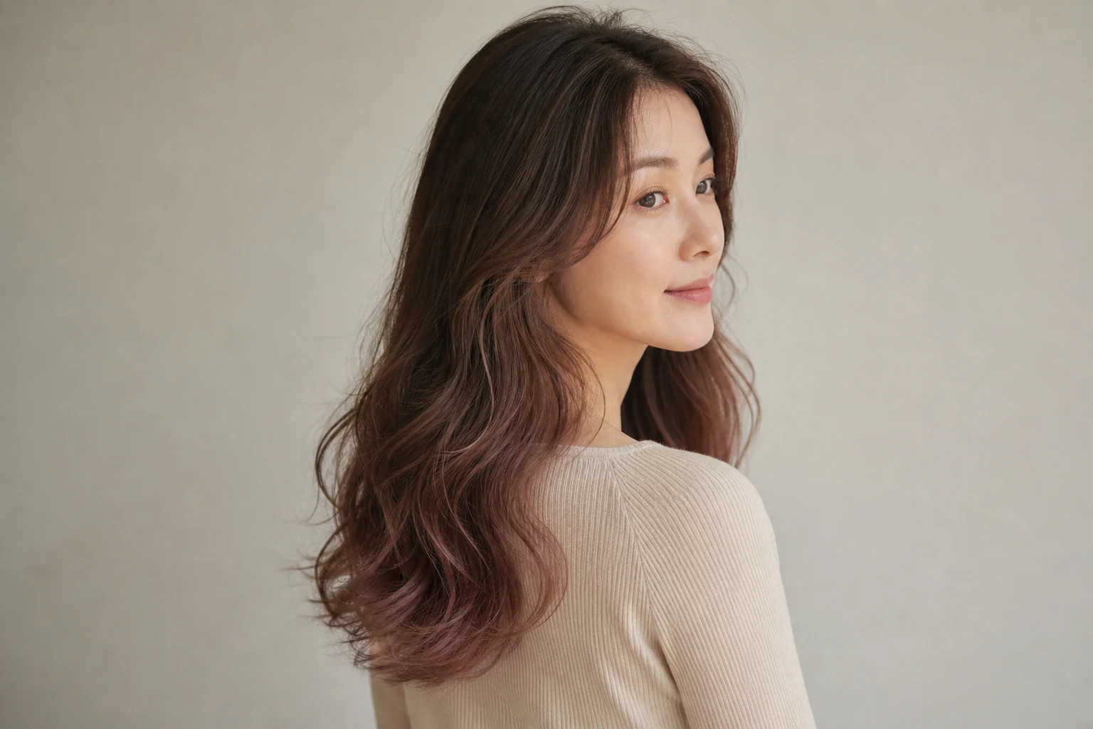 ココアブラウンから低彩度のローズブラウンへ変化するロングヘアの成人女性