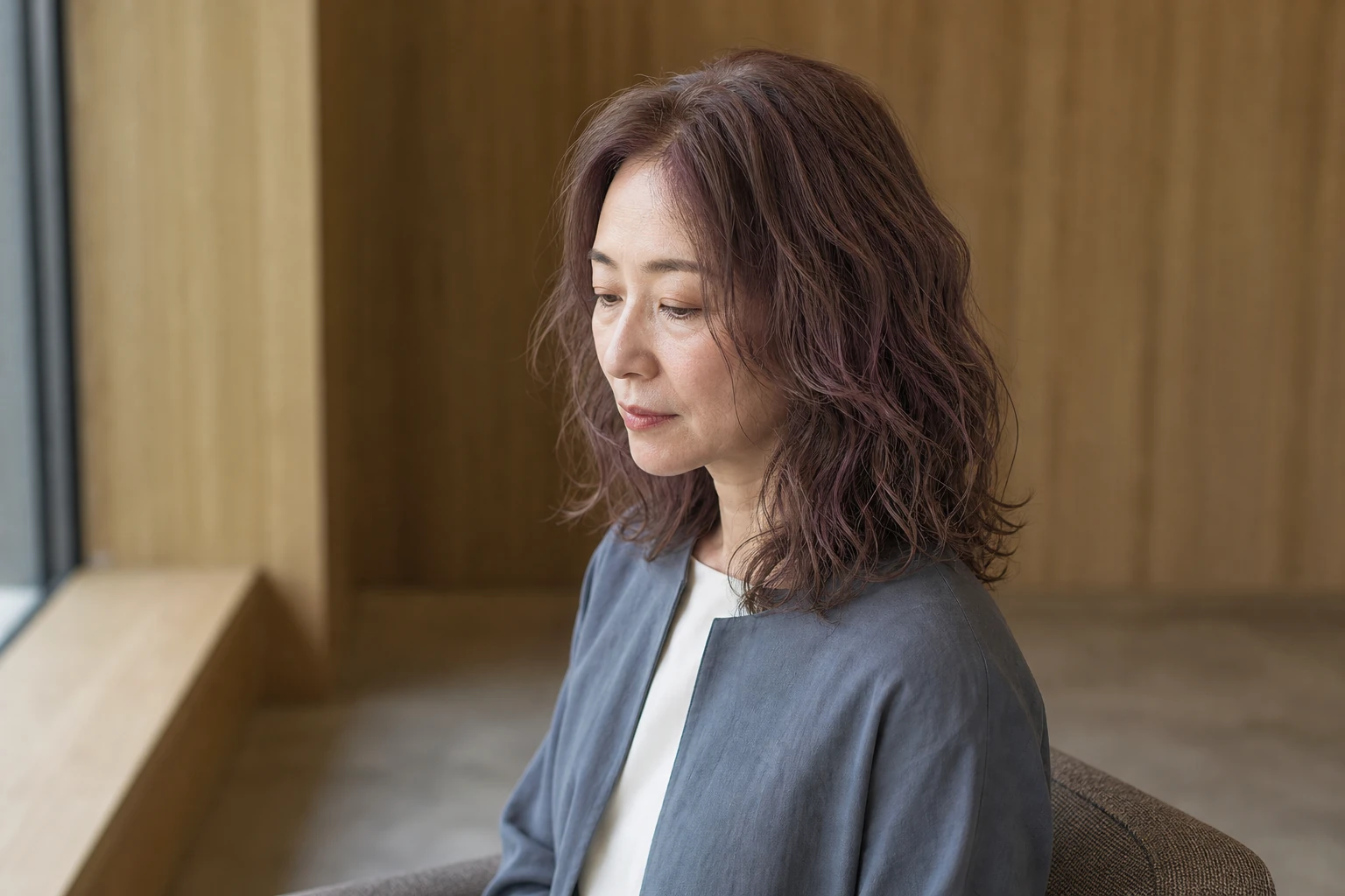 ゆるいウェーブのローズモカを座った横向きで見せる成人女性