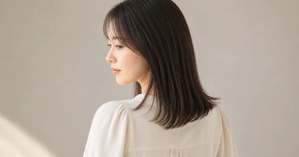 鎖骨を越えるセミロングの長さを後ろ姿で見せる成人女性