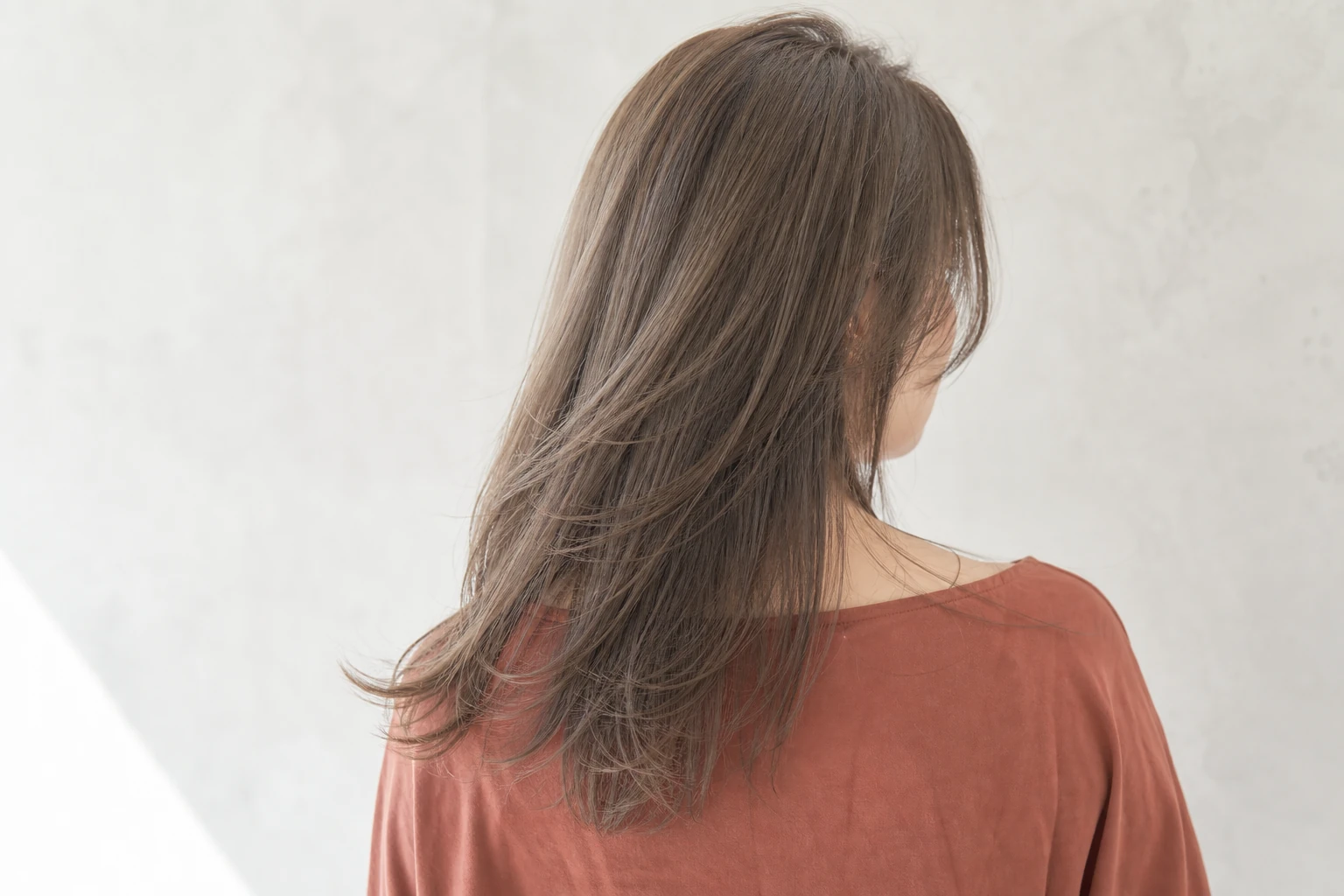 ストレートレイヤーのシアーグレージュを後ろ姿中心で見せる成人女性