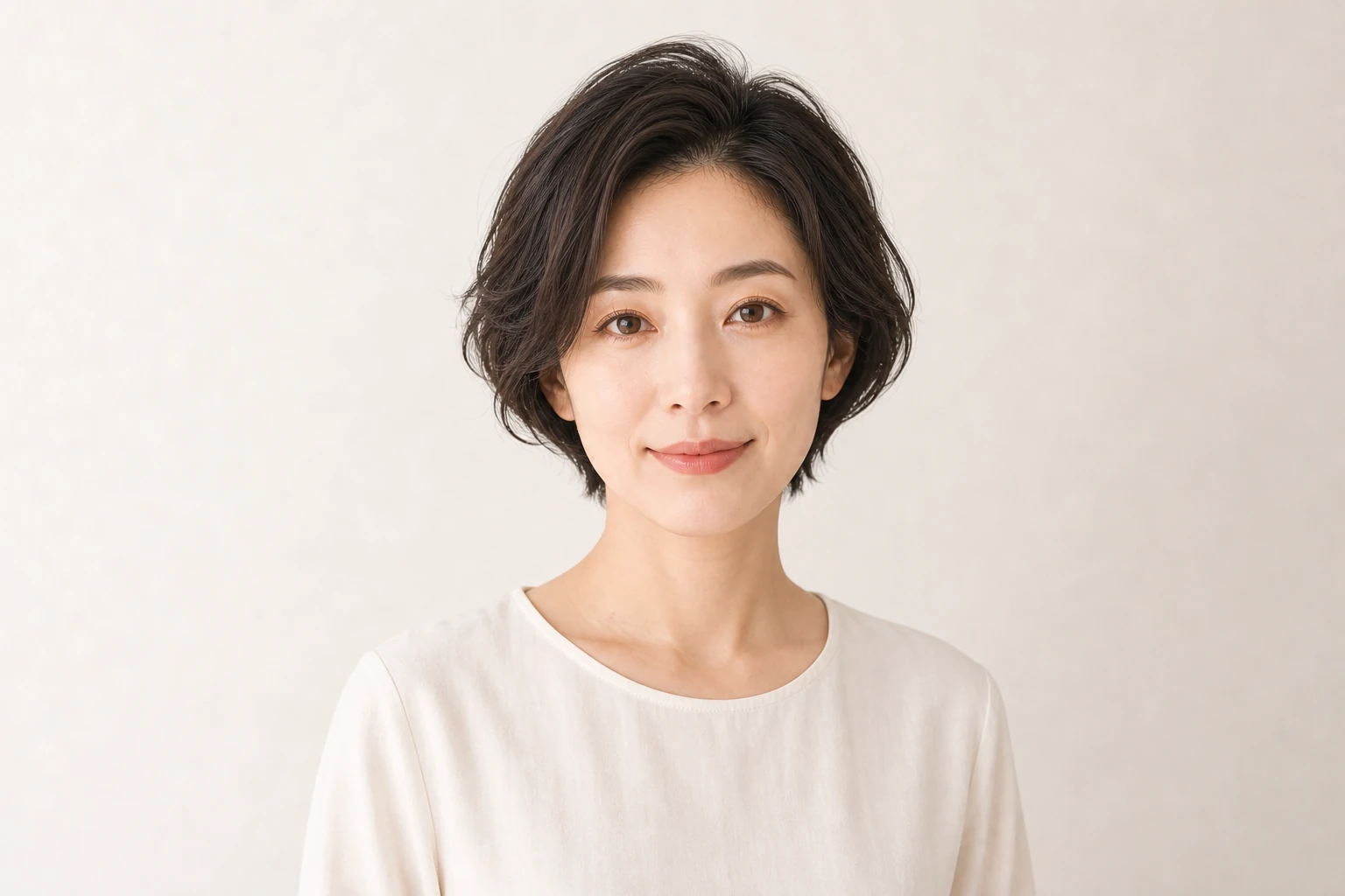 暗いブラウンのショートヘアに毛先の柔らかな動きをつけた成人女性