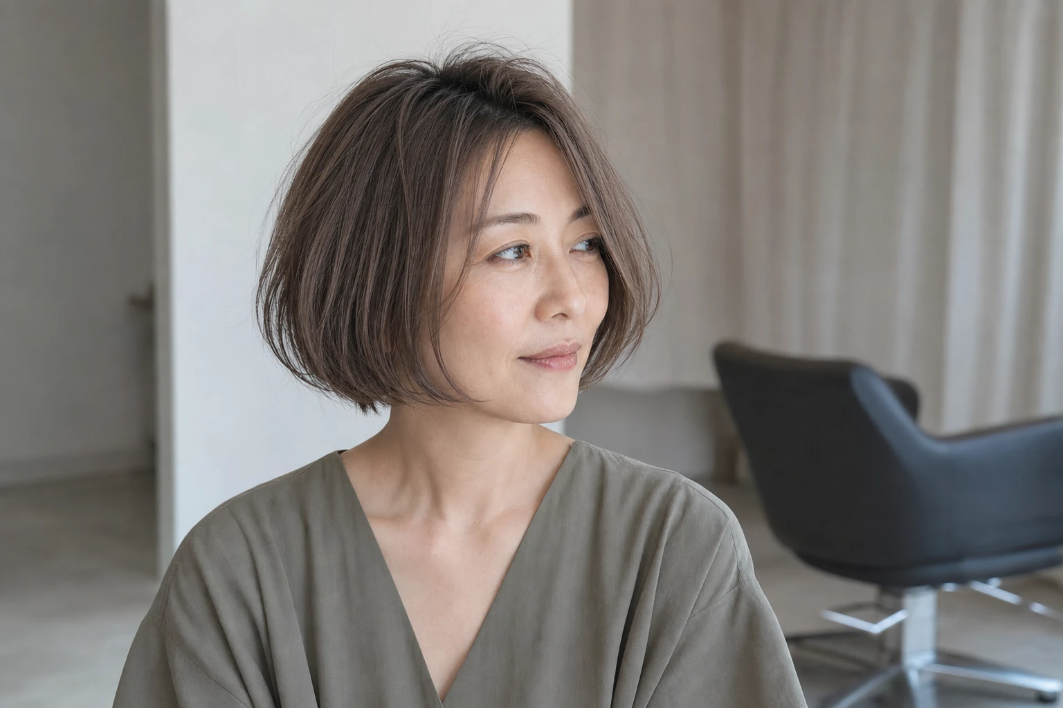 短いエアリーボブのスモーキーベージュを右三四分から見せる成人女性