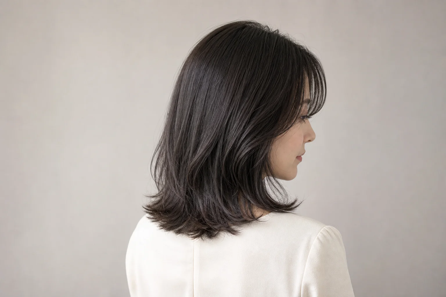低彩度のチャコールグレーを含む暗いブラウンの肩丈ロブ