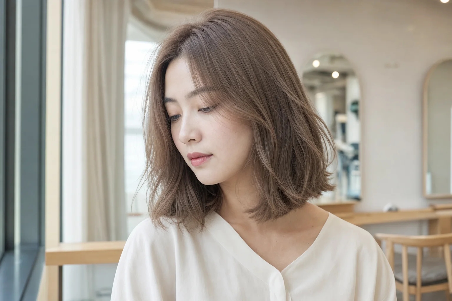 中明度のベージュブラウンに低彩度の灰みを含む肩丈ウェーブヘアの成人女性