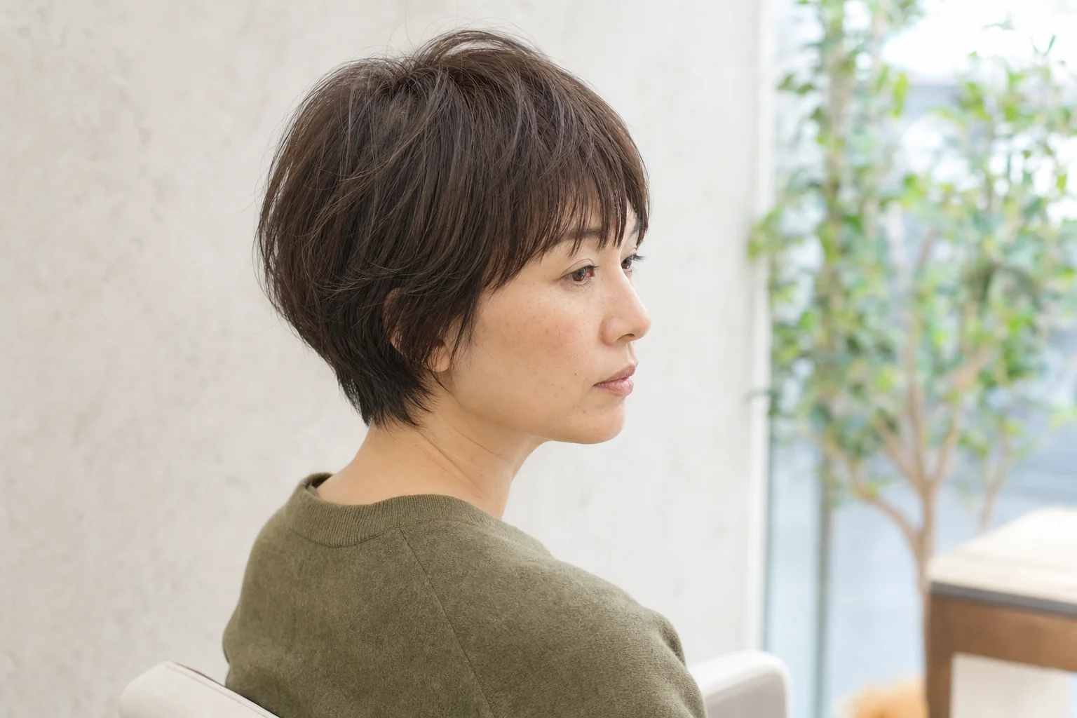 こめかみから耳周りに幅を残した軽い前髪のマッシュショート