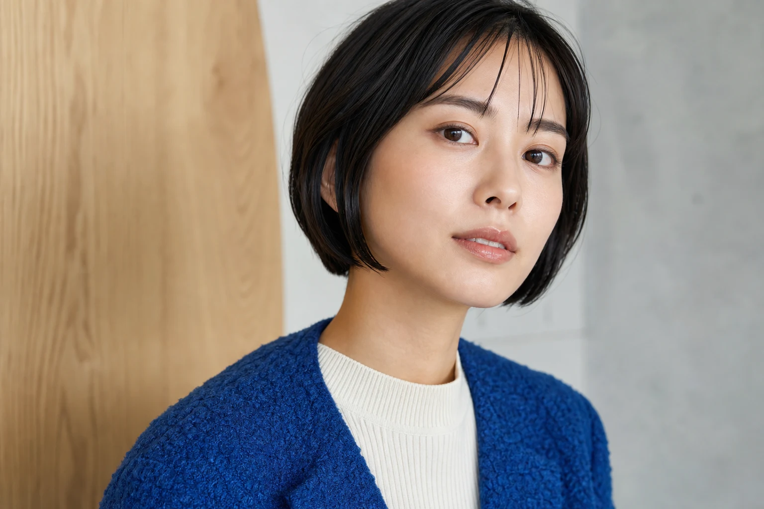 頬骨下とフェイスラインへ低彩度ブラウンを薄くぼかした成人女性