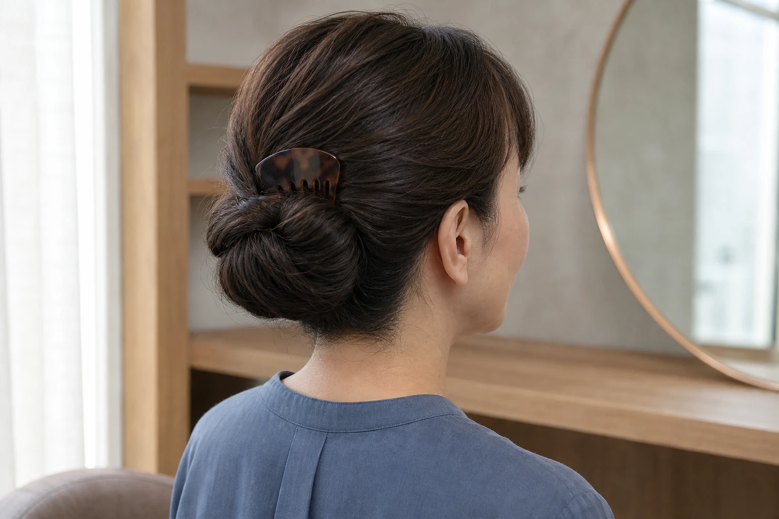 青いブラウスの成人女性が低いお団子の上側に中幅のべっ甲調コームを添えた後ろ斜め姿