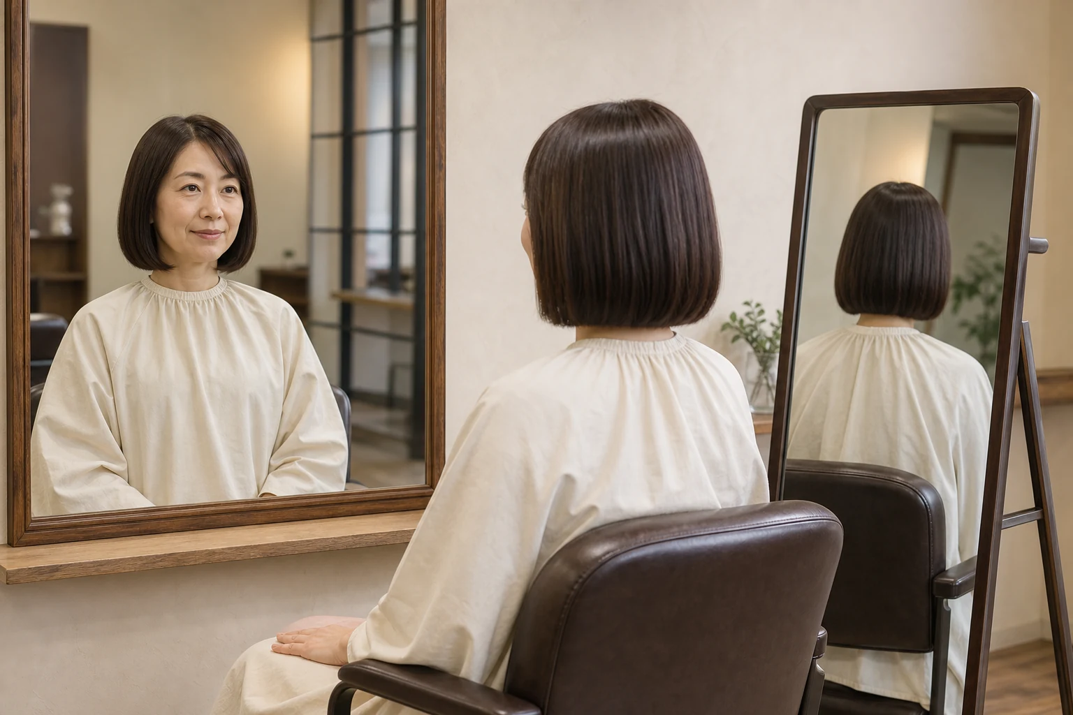 壁面鏡と自立鏡の間で両手を膝に置きボブの後ろを確認する成人女性