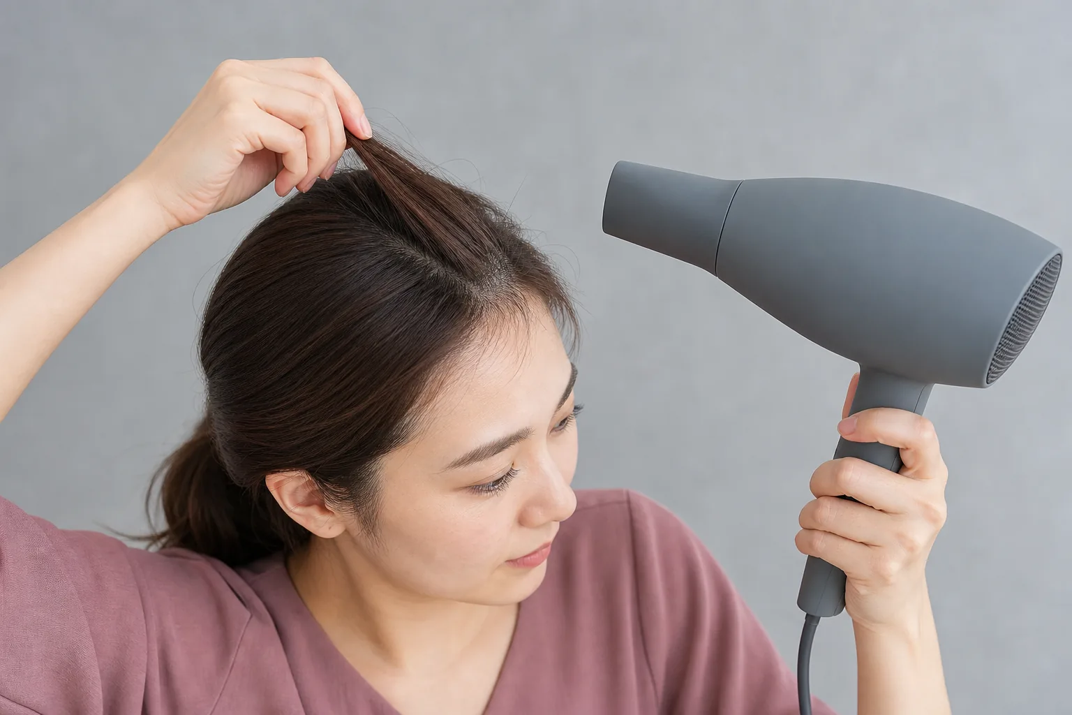 ドライヤーを十分離して乾いた顔まわり毛束の根元方向を整える成人女性
