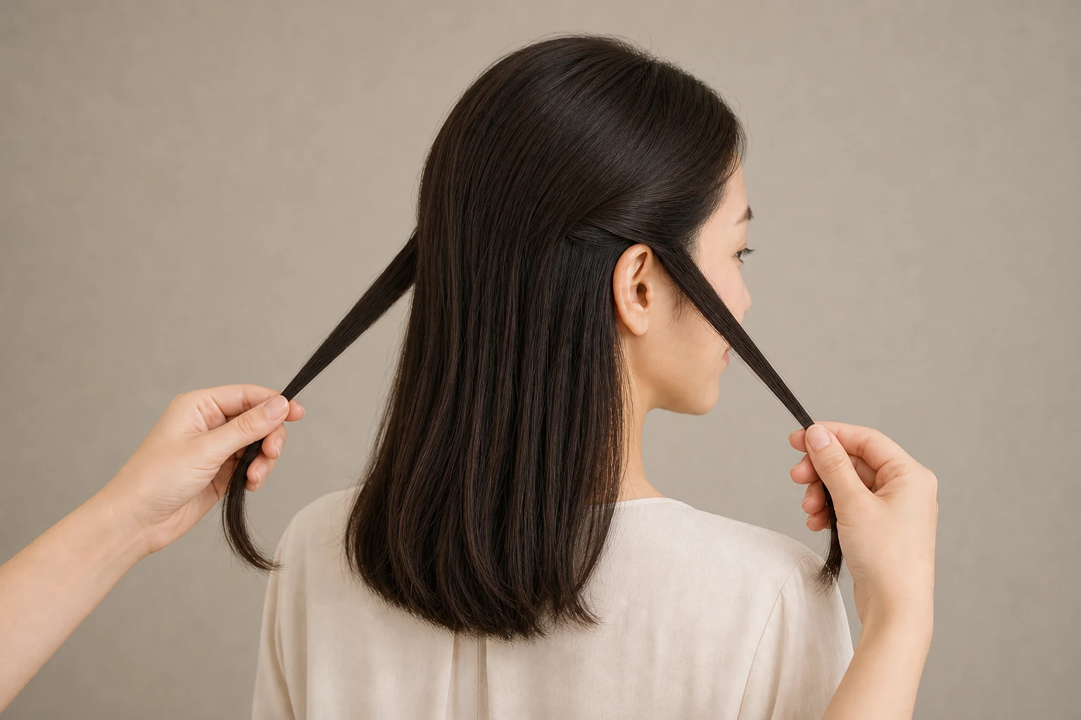 肩下の暗い髪から耳上の細い毛束を左右へ分け取るハーフツインの工程