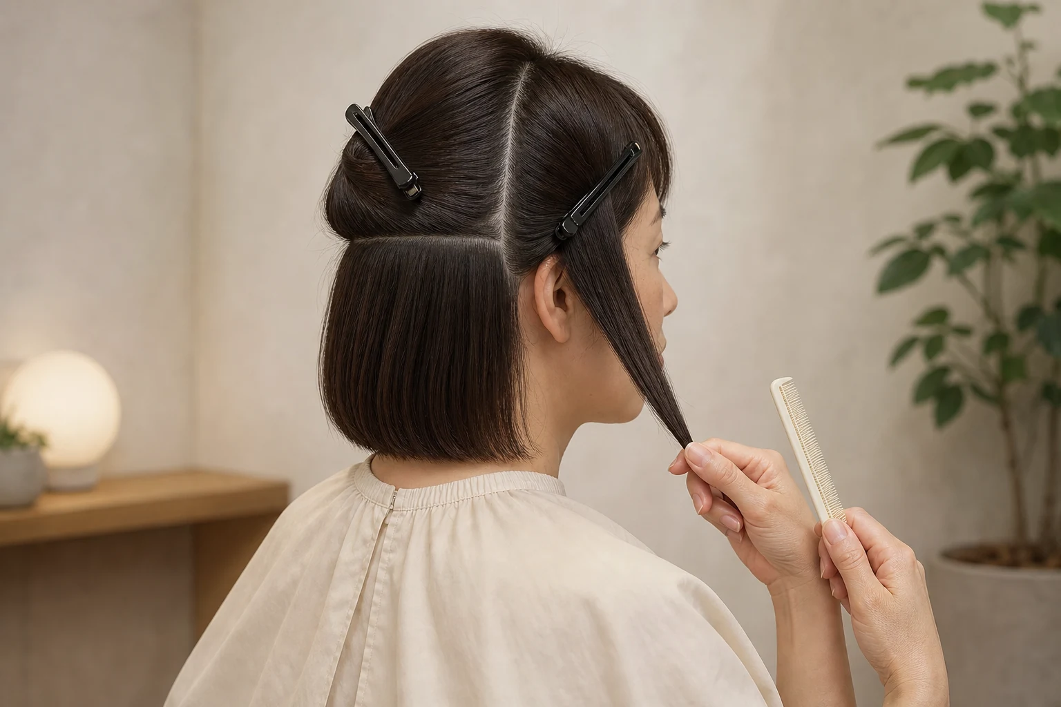 乾いた暗髪ボブを中央と水平の分け目で区切り上部を黒いクリップ2本で留めた状態