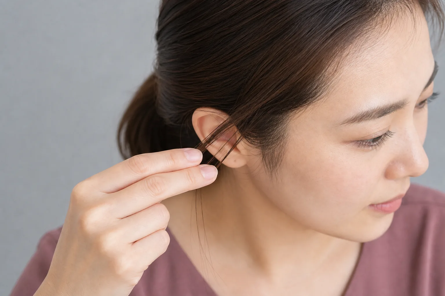 右耳前の乾いた髪から薄い毛束を指で分けている成人女性