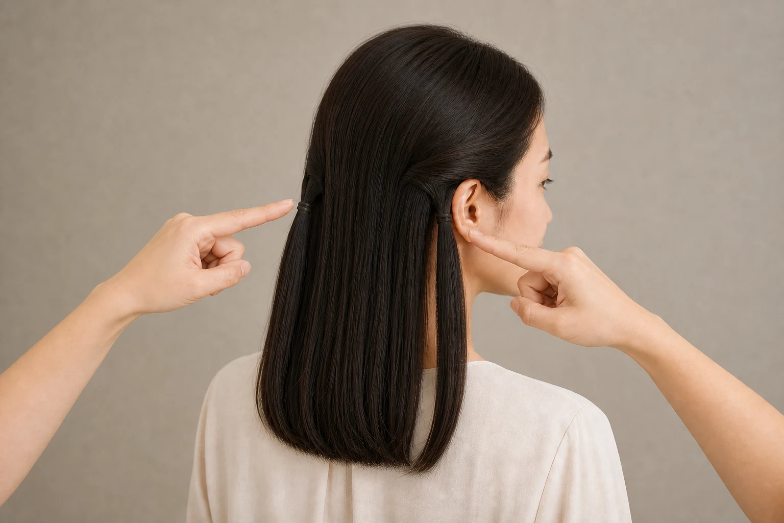 左右の耳後ろを別々の黒いゴムで結び指先で高さを比べるハーフツインの工程
