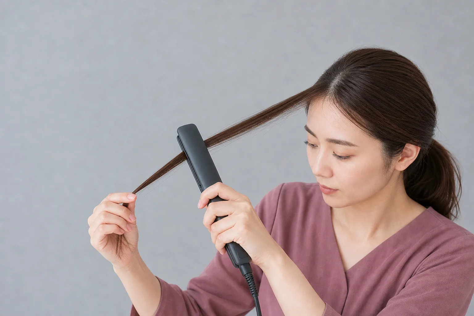 顔から横へ離した薄い毛束の中間にストレートアイロンを一度通す成人女性