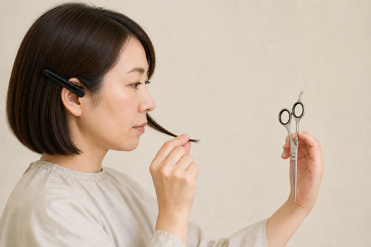 あご横の細いサイド毛束の毛先を持ち離れた空背景に縦向きのはさみを置く配置