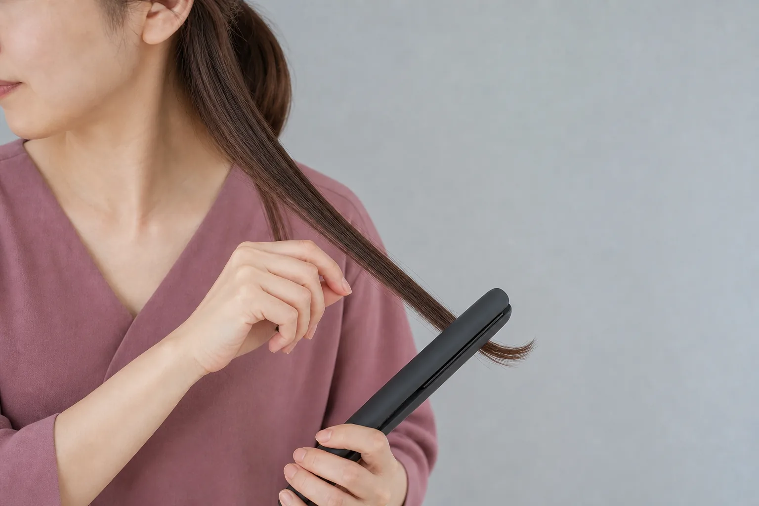 身体から離した毛先へストレートアイロンで弱い外向きの曲線をつける成人女性