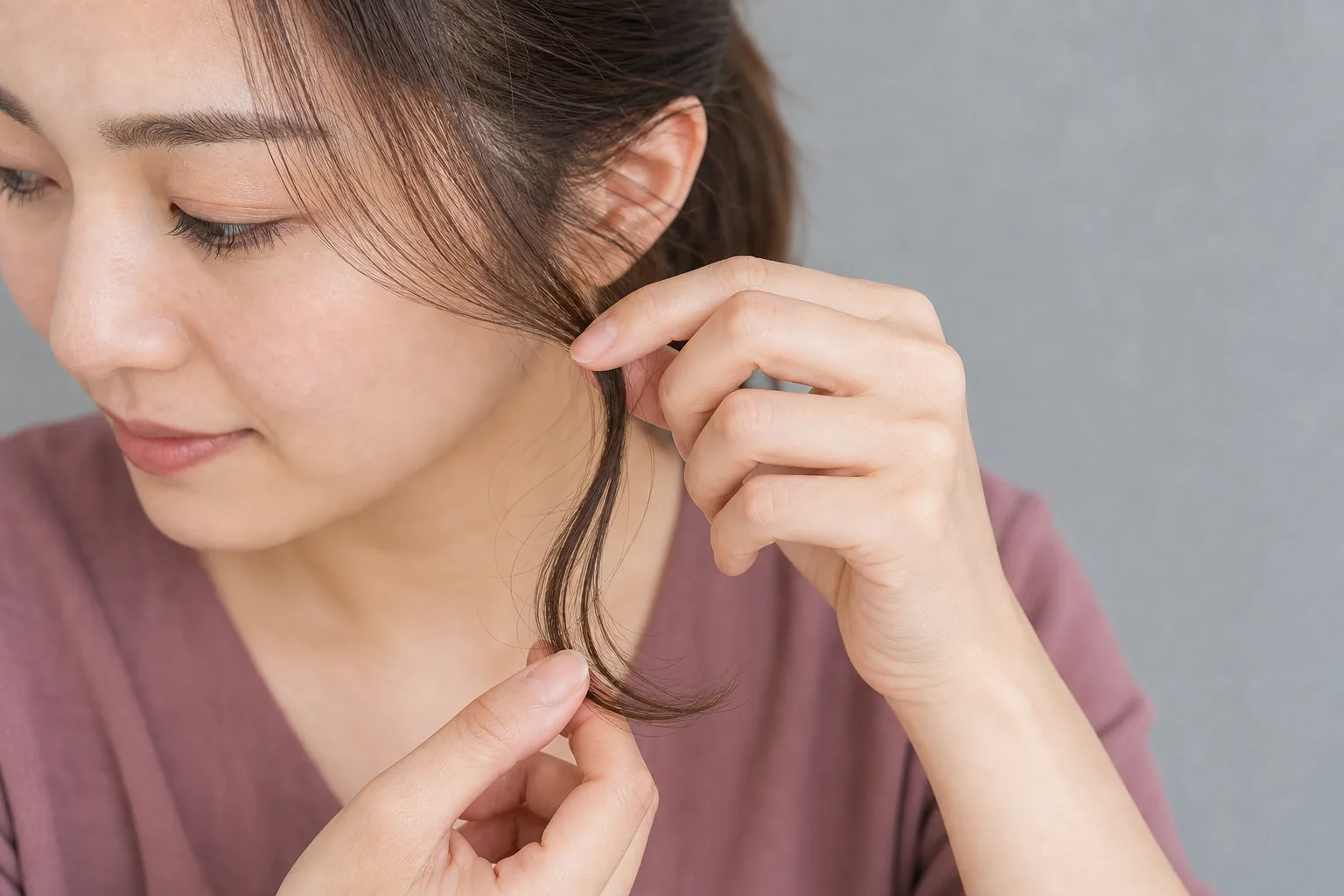 熱器具を置き冷めた顔まわり毛束の毛先を両手の指で軽くほぐす成人女性