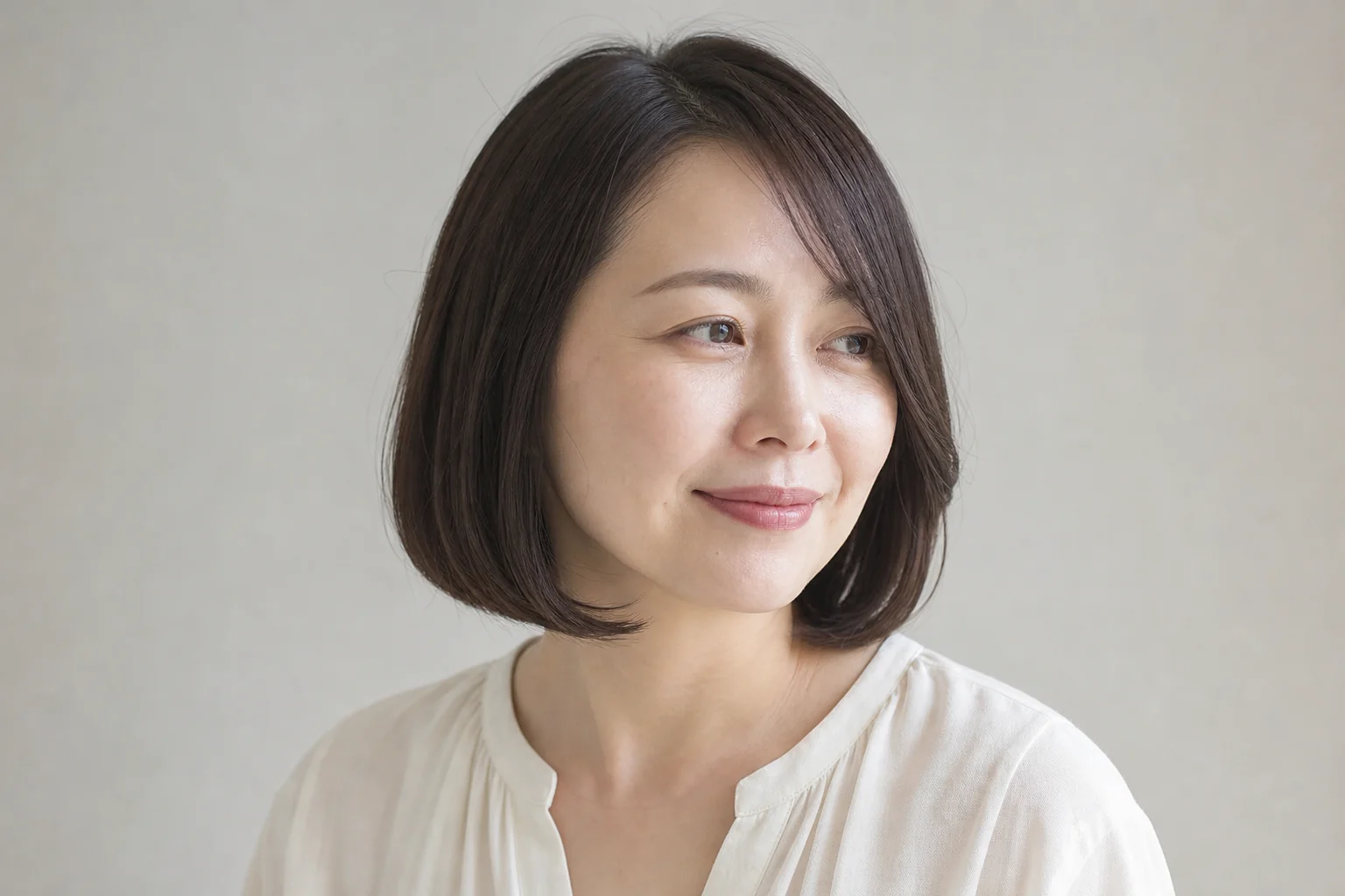 あご下のストレートボブに長い斜め前髪を合わせた成人女性