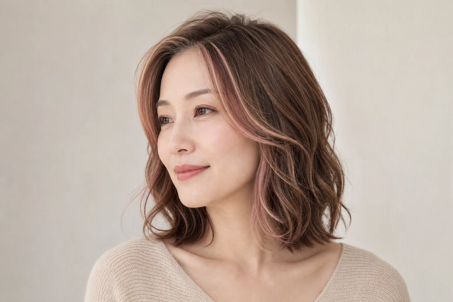 ベージュブラウンに細いストロベリーブロンドのハイライトを入れた成人女性
