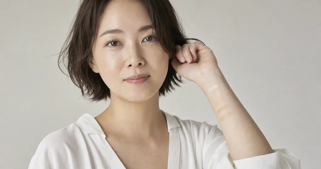 5色のコンシーラー色調スウォッチを前腕に見せる成人女性