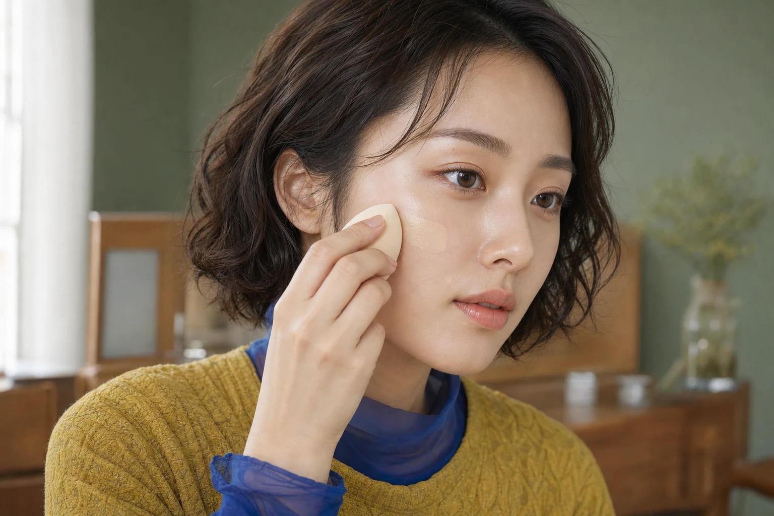 頬へ薄いベースメイクをしずく形スポンジで軽くたたき込む成人女性