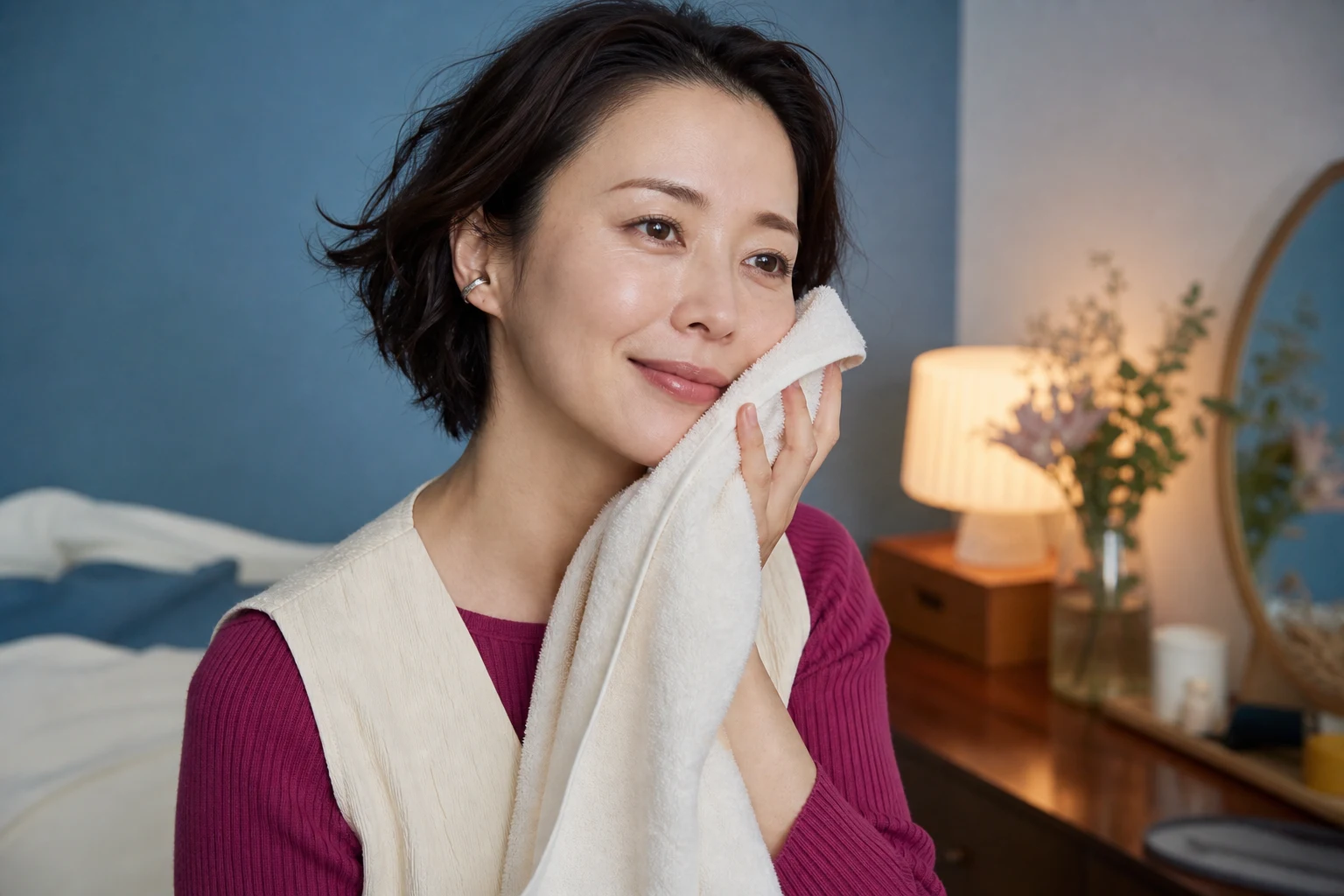 洗顔後に清潔なタオルを頬へやさしく当てる成人女性